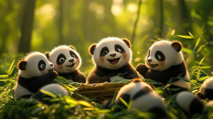 Naklejka premium Cute cartoon pandas gather in a lush forest clearing