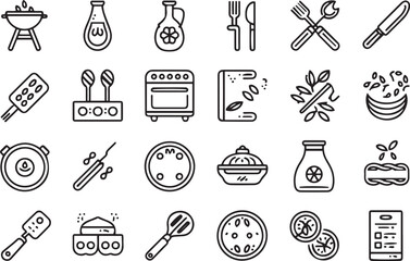 Obraz premium Kitchen utensils, cooking icons, line art, simple illustrations, black and white, minimalist design, culinary symbols, food preparation tools, kitchenware, grill, bottles, cutlery, oven, ingredients