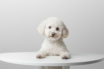 Fluffy white poodle puppy sits at table, studio shot, pet portrait