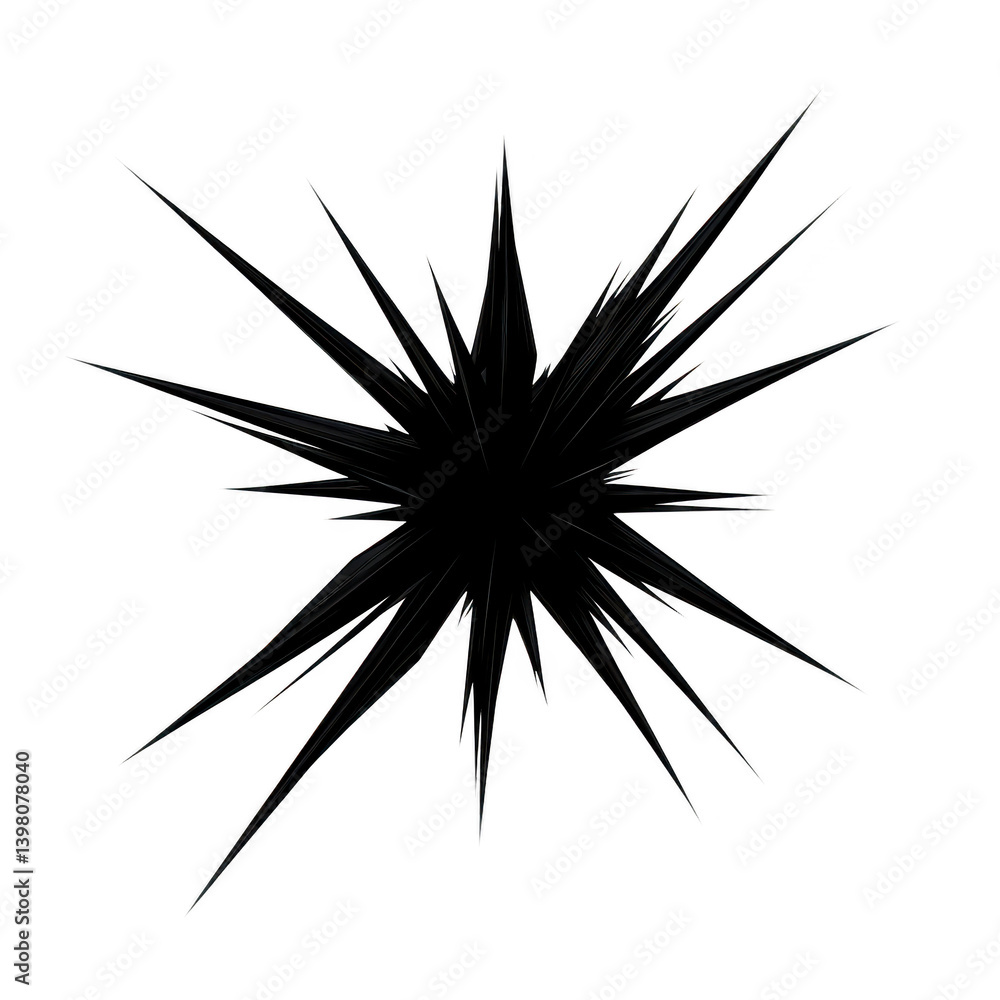 Poster black starburst shape with sharp, jagged edges radiates outward, creating dynamic and energetic visu
