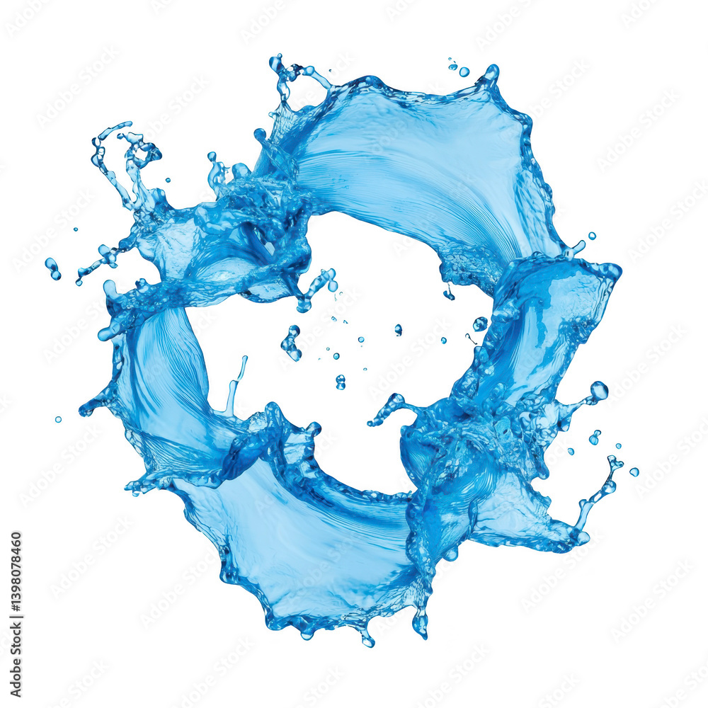 Poster dynamic splash of blue water forms circular shape against transparent background, capturing motion a