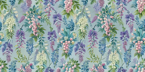 A vibrant floral pattern featuring soft pastel flowers and lush green foliage.