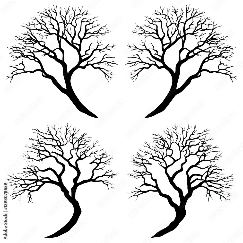 Poster four stylized tree silhouettes with intricate branches are arranged symmetrically, creating balanced