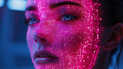 Sentient holographic core in ultra-modern lab emits data beams and abstract code