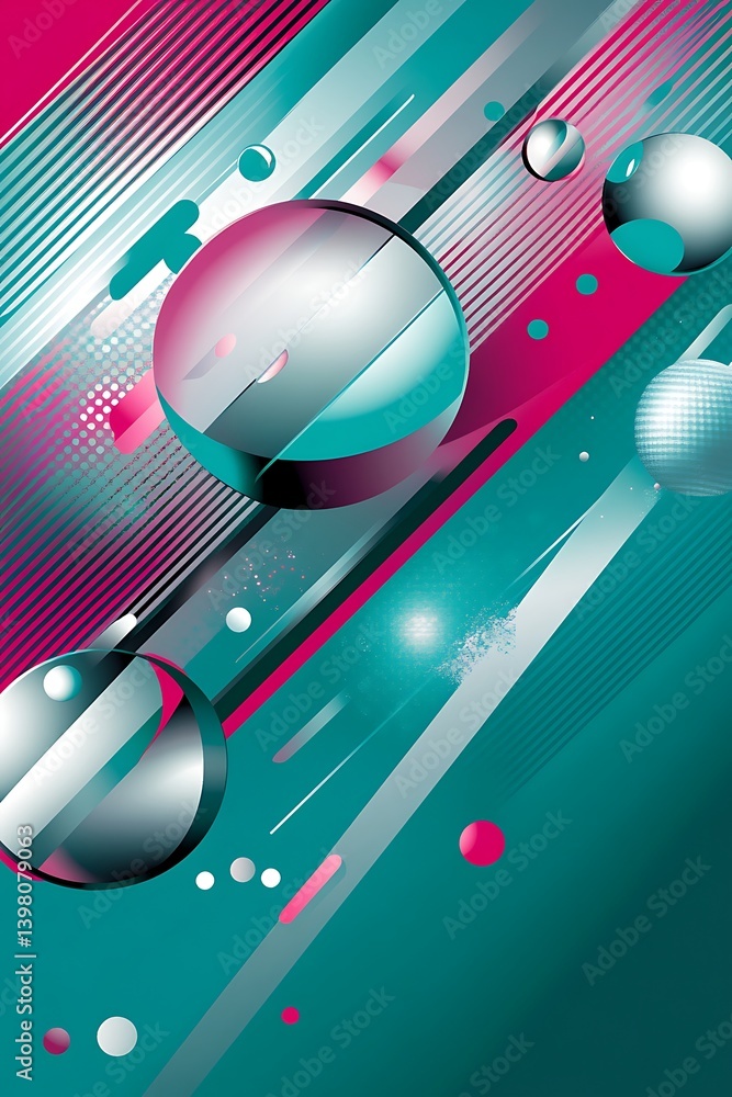 Poster sleek and modern digital background featuring metallic diagonal lines with glowing holographic circl
