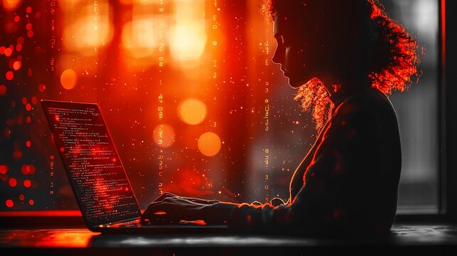 Woman coding, cafe, rain, night