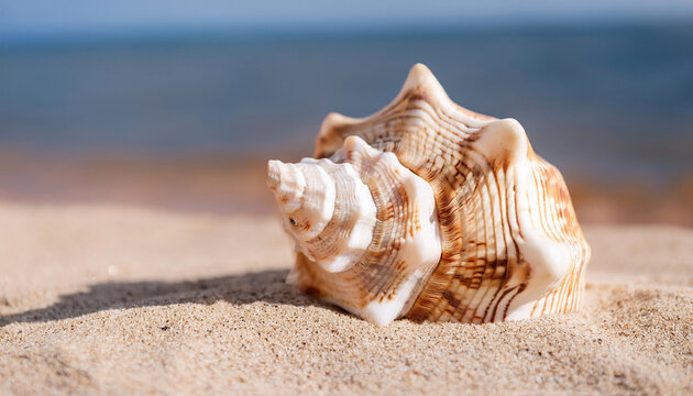 Dog head triton shell on clean sand. Summer vacation and travel concept. Natural element.