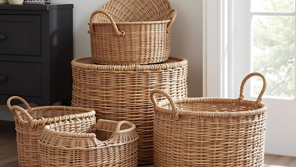 Handwoven wicker baskets, in varying sizes and textures, are strategically placed, offering stylish storage solutions and a natural element to the interior.