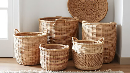 Handwoven wicker baskets, in varying sizes and textures, are strategically placed, offering stylish storage solutions and a natural element to the interior.
