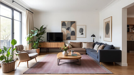 Fototapeta premium The interior design embraces a carefree and layered approach, creating a balanced and harmonious composition within the apartment.