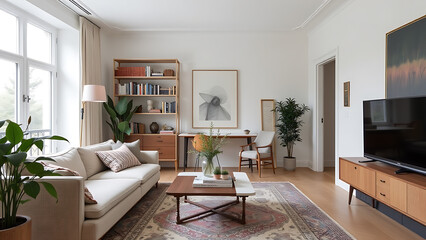 The interior design embraces a carefree and layered approach, creating a balanced and harmonious composition within the apartment.