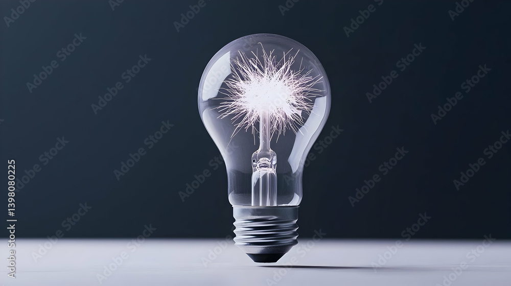 Poster illuminated lightbulb with sparkling filament on light gray background
