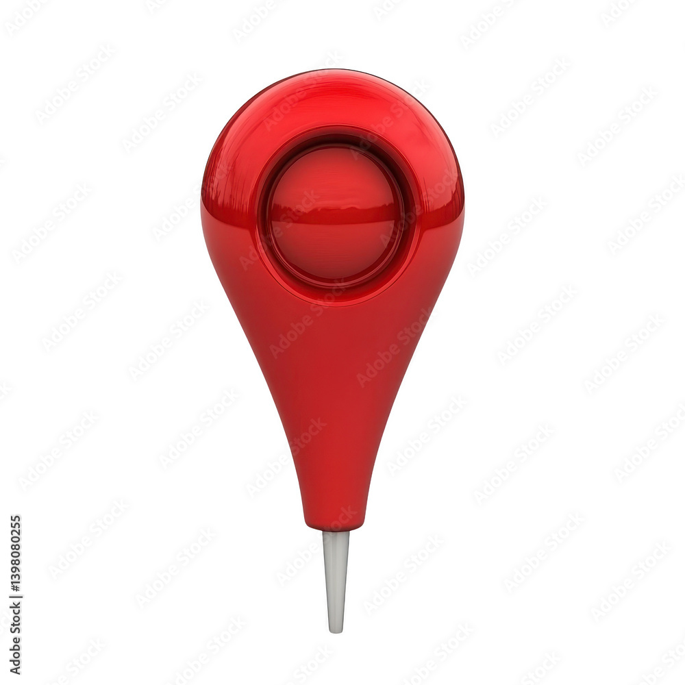 Poster sleek red teardrop shaped device with circular center and white plug at bottom, designed for modern 