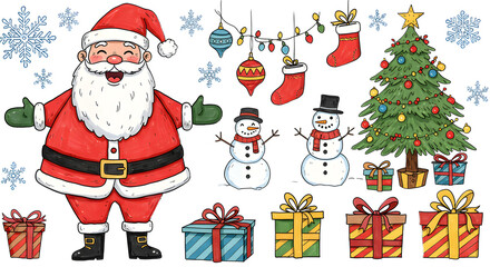 Cheerful Santa Claus Surrounded by Festive Christmas Decor and Snowmen
