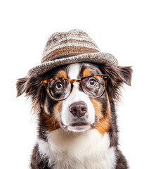 Playful dog in hat and glasses pet portrait fun isolated on transparent background png