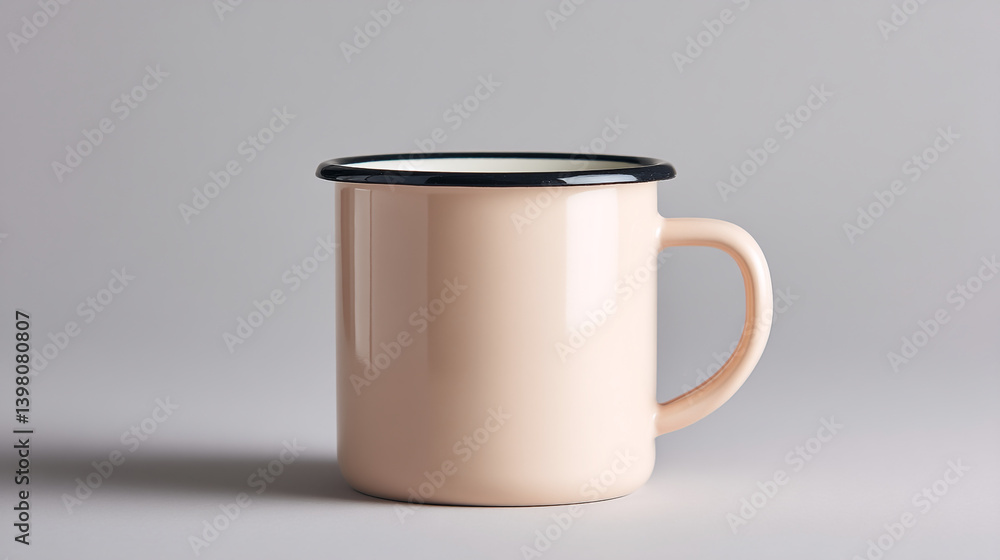 Poster A simple peach colored mug with black trim on a plain gray background in a studio setting
