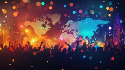 Crowd Celebrating Global Connection with Cityscape and World Map Backdrop