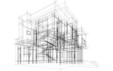 Architectural sketch of a building 3d illustration