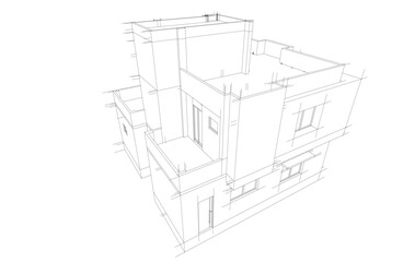Architectural sketch of a building 3d illustration