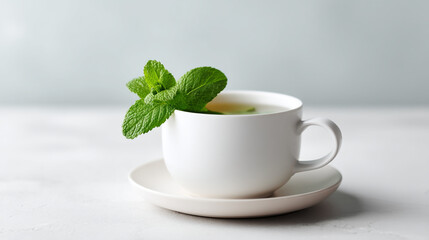 A cup of tea with fresh mint leaves on a white saucer against a light gray background in a studio shot