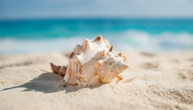Dog head triton shell on clean sand. Summer vacation and travel concept. Natural element.