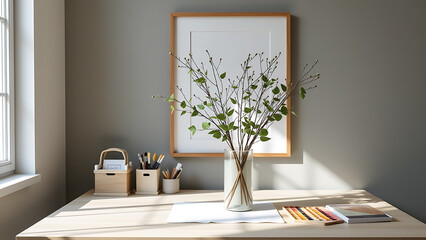 A creative workspace with a light colored desk featuring a cylindrical vase filled with leafy branches. One large, vertical frame is mounted on the wall behind the desk