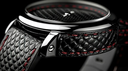 Luxury Black and Red Watch with Carbon Fiber Dial and Snakeskin Strap