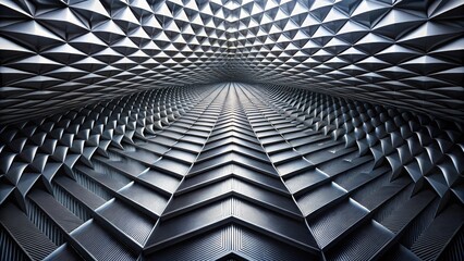 Abstract Metallic Architectural Design with Geometric Patterns and Textured Surfaces Showing a Perspective View of Interlocking Shapes Creating a Tunnel-like Illusion