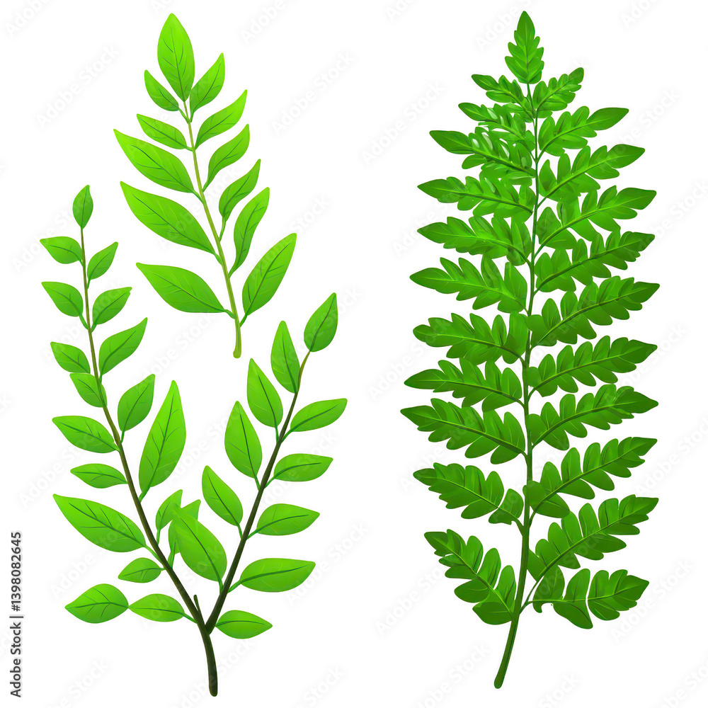 Poster two vibrant green fern leaves with detailed textures and natural patterns are displayed against tran