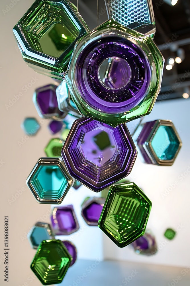 Poster geometric hexagons and circles in vibrant colors with a shiny metallic finish and modern backdrop