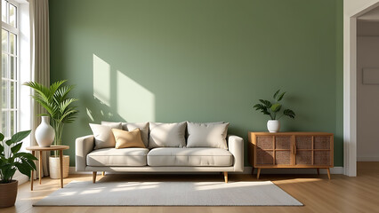 A refined living space centered around a stylish sofa with a low profile and tailored upholstery. The sage green wall sets a tranquil mood, while the natural light enhances the room's openness