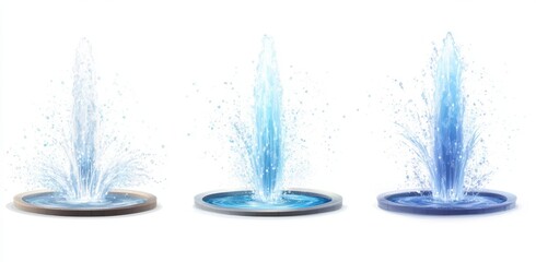 Refreshing Trio of Fountains: A captivating trifecta of water fountains, each spouting crystal-clear water, offering a cool, serene vista of liquid artistry. 