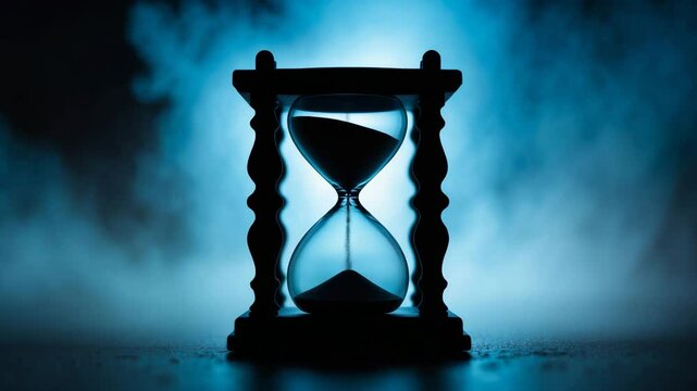 Outline of an hourglass with sand flowing down against a hazy background.