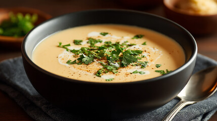 A bowl of creamy soup garnished with fresh parsley and a spoon on a dark gray cloth napkin