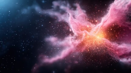 Naklejka premium A vibrant pink nebula explodes against the backdrop of space, filled with luminous stars, creating an awe-inspiring representation of the universe's vast beauty and mystery.
