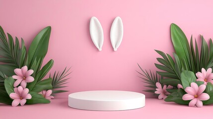 Obraz premium A minimalist display platform surrounded by vibrant tropical flowers and greenery.