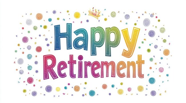 Happy Retirement Greeting: A colorful and cheerful message of 'Happy Retirement', a joyful typography with colorful confetti decorations. A visual celebration.