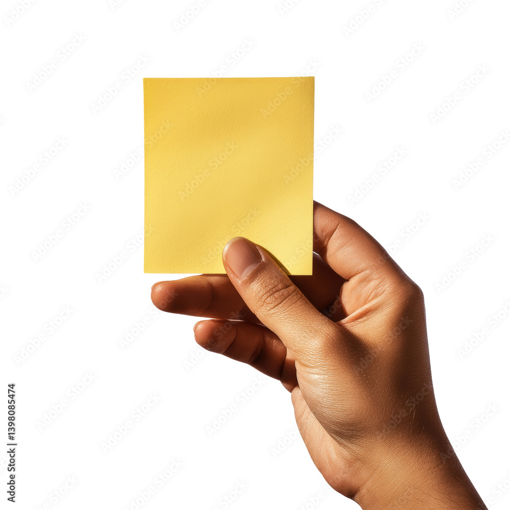 Poster a hand grasping a bright yellow piece of paper ready for taking notes or creating a message in a wor