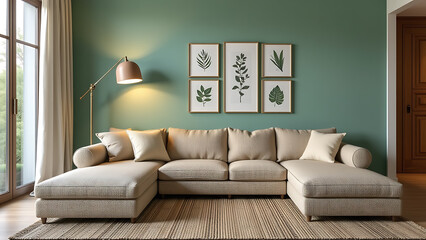 An inviting living area showcases a modular sofa upholstered in a textured, woven fabric. The wall behind is finished in a calming, eucalyptus inspired shade, providing a natural touch