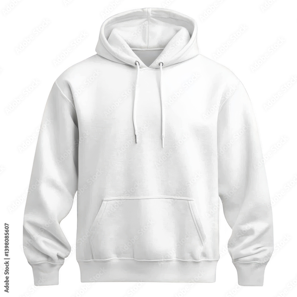Poster plain white hoodie with front pocket and drawstring hood, perfect for casual wear. simple design mak