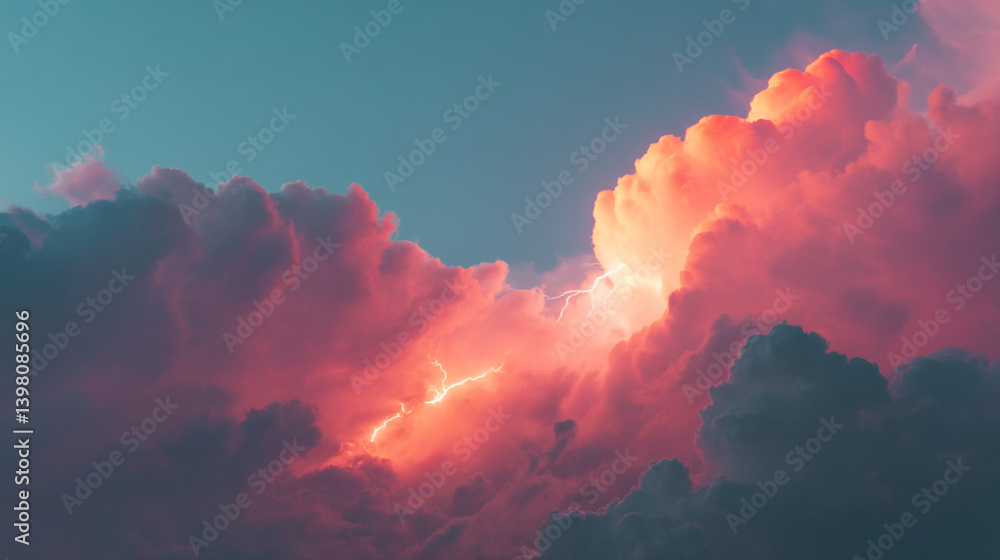 Poster a dramatic sky filled with vibrant pink and orange clouds with a hint of lightning visible within