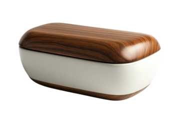 Elegant walnut wood and ceramic breadbox, a timeless kitchen companion, offering both practicality and understated style with smooth curves and a warm, inviting feel.