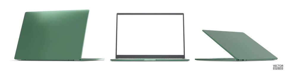 3D image of green laptop, front and back view from different angles isolated on white background. Realistic Laptop green color mockup with blank screen display. 3D vector illustration.
