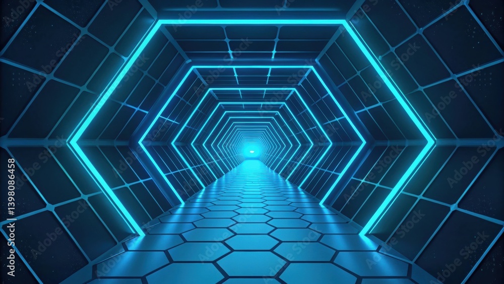 Poster futuristic tunnel with glowing blue hexagonal patterns creating an immersive atmosphere.