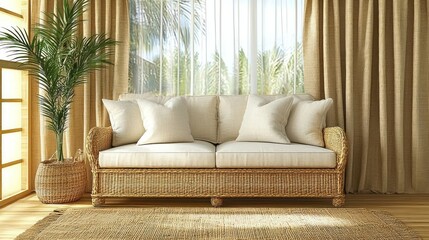 Relaxing Coastal Living Room Interior Design with Rattan Sofa