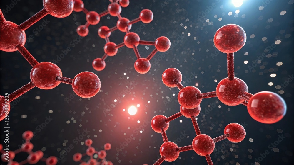 Poster abstract representation of molecular structures with vibrant red and blue elements against a dark ba