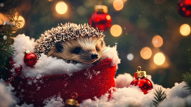 Festive hedgehog nestled in a red sack amidst Christmas lights and snow