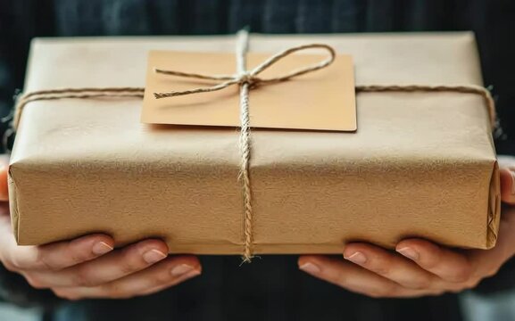 Close-up of hands holding a wrapped gift box with a tag, tied with string. Ideal for celebrations, holidays, or special occasions.
