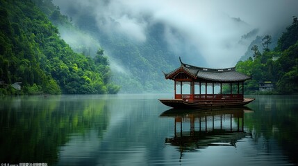 Fototapeta premium Boat on misty lake surrounded by forested hills, traditional architecture.