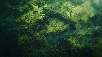 Fototapeta premium Aerial View of a Lush Green Landscape with a River